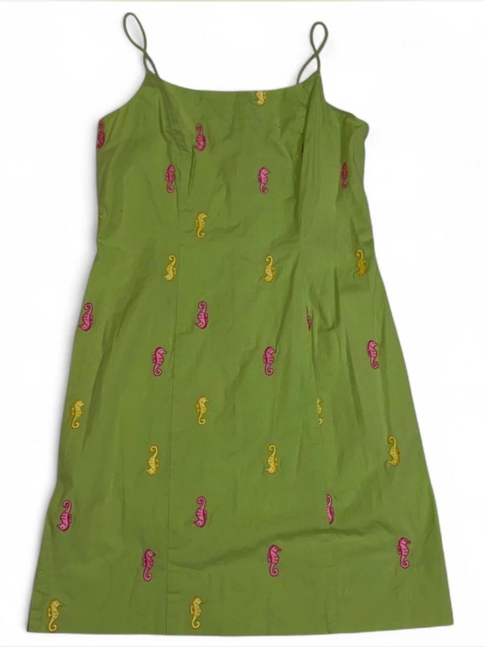 Lilly Pulitzer Embroidered Green mini dress w pink and yellow seahorses, sz 12